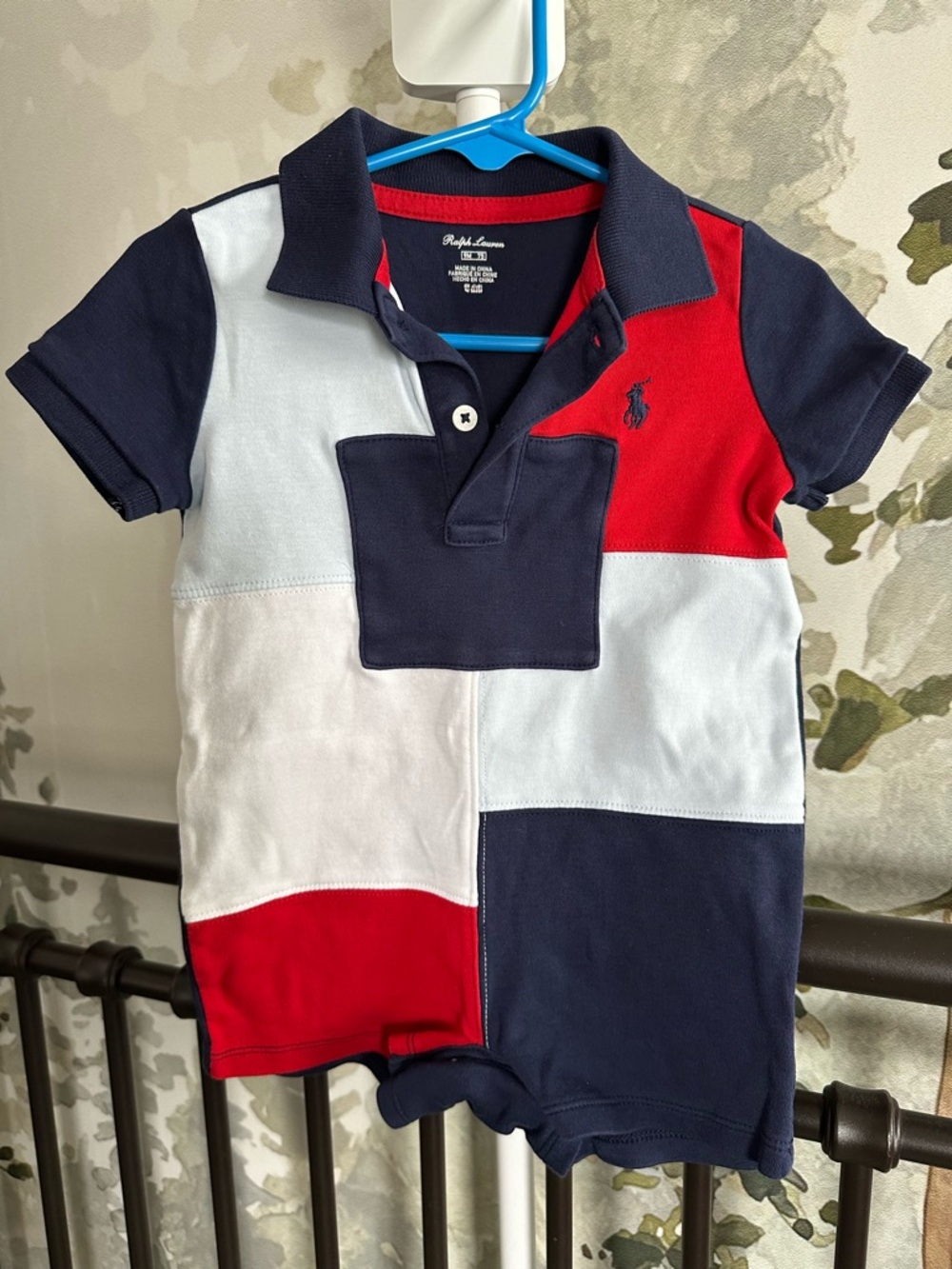 🇺🇸 Ralph Lauren Colorblock Baby Polo Romper in Navy, Red & White